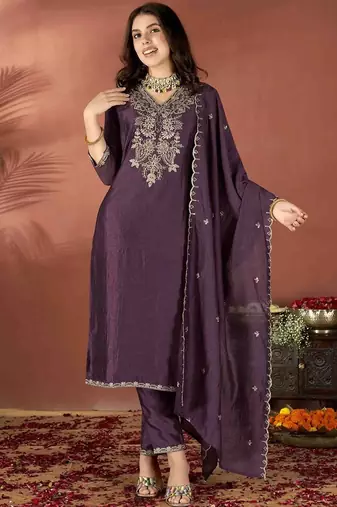 Wine vichitra heavy thread embroidery work kurta pant set