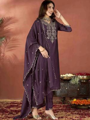 Wine vichitra heavy thread embroidery work kurta pant set 2