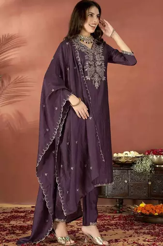 Wine vichitra heavy thread embroidery work kurta pant set