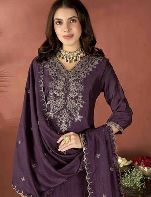 Wine vichitra heavy thread embroidery work kurta pant set 3