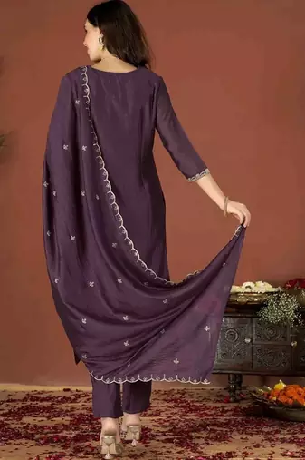 Wine vichitra heavy thread embroidery work kurta pant set