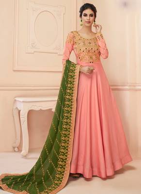 Pink TUSSAR SILK SEMI STITCHED WEDDING ANARKALI SUIT 1