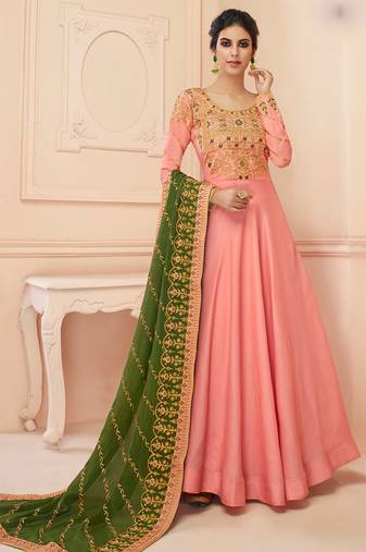 Pink TUSSAR SILK SEMI STITCHED WEDDING ANARKALI SUIT