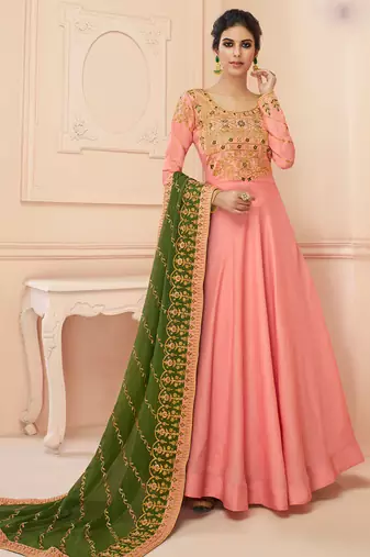 Pink TUSSAR SILK SEMI STITCHED WEDDING ANARKALI SUIT