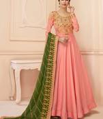 Pink TUSSAR SILK SEMI STITCHED WEDDING ANARKALI SUIT