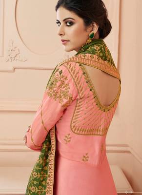 Pink TUSSAR SILK SEMI STITCHED WEDDING ANARKALI SUIT 2