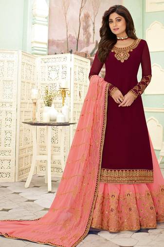 Maroon Faux Georgette Embroidered Wedding Wear Designer Semi Stiched-Suit