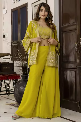 Georgette Embroidery Work Crop Top with Flared Palazzo and Shrug Set