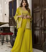  Georgette Embroidery Crop Top with Flared Palazzo and Shrug Set