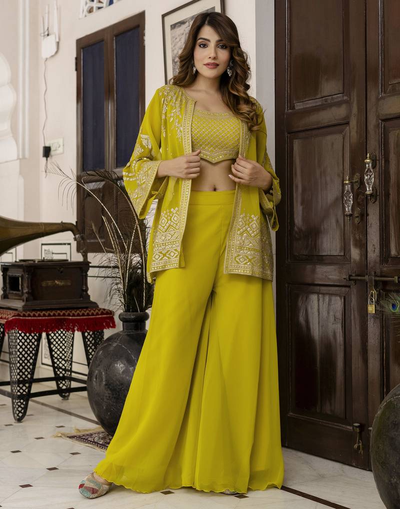 Georgette Embroidery Work Crop Top with Flared Palazzo and Shrug Set