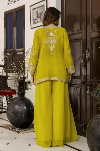 Georgette Embroidery Work Crop Top with Flared Palazzo and Shrug Set