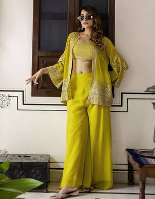 Georgette Embroidery Work Crop Top with Flared Palazzo and Shrug Set 3