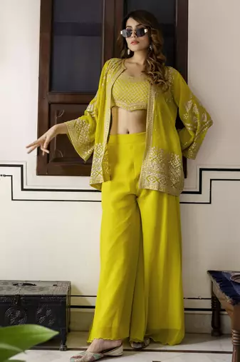 Georgette Embroidery Work Crop Top with Flared Palazzo and Shrug Set