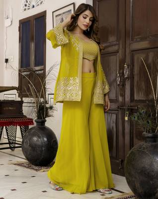 Georgette Embroidery Work Crop Top with Flared Palazzo and Shrug Set 4