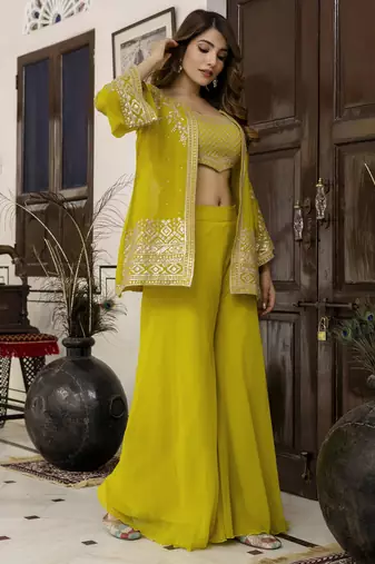 Georgette Embroidery Work Crop Top with Flared Palazzo and Shrug Set