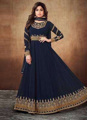 Navy Blue Georgette Embroidered Wedding Wear Semi Stiched Suits 1