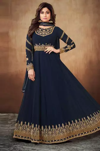 Navy Blue Georgette Embroidered Wedding Wear Semi Stiched Suits