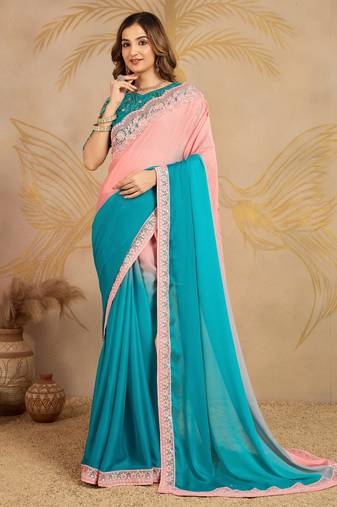 Chiffon Embroidery work Ombre Style Saree with Unstitched Blouse Piece