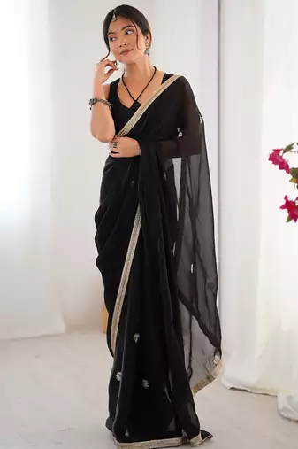 Black chiffon lace work party wear saree