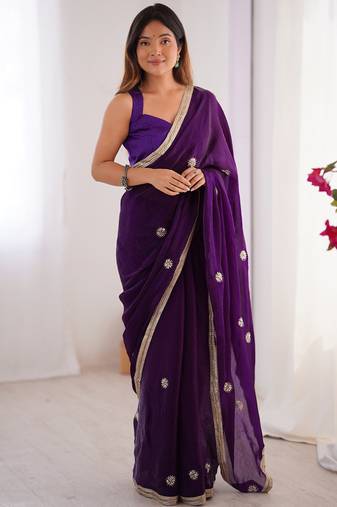 Violet chiffon lace work party wear saree