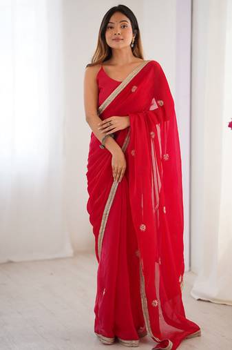Red chiffon lace work party wear saree