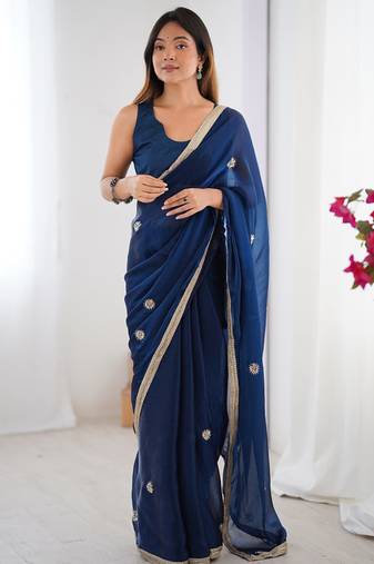 Blue chiffon lace work party wear saree