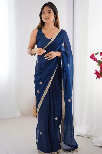 Blue chiffon lace work party wear saree