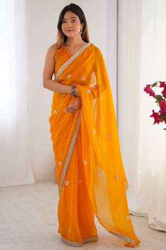 Yellow chiffon lace work party wear saree