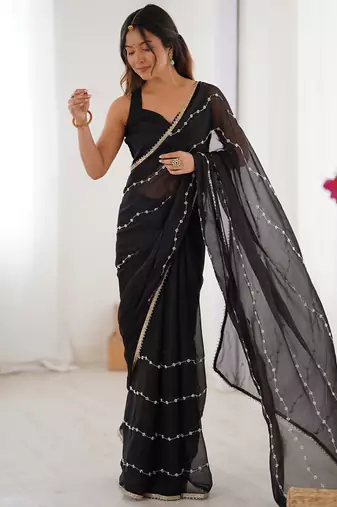 Black chiffon lace work party wear saree