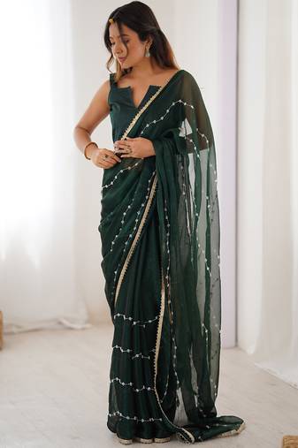 Green chiffon lace work party wear saree