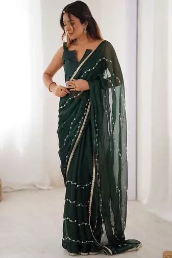 Green chiffon lace work party wear saree