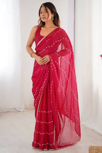 Pink chiffon lace work party wear saree
