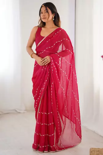 Pink chiffon lace work party wear saree