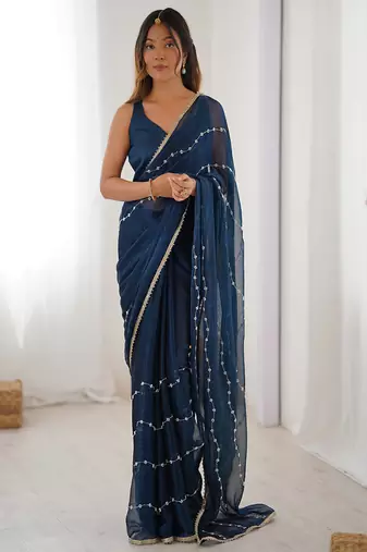 Blue chiffon lace work party wear saree