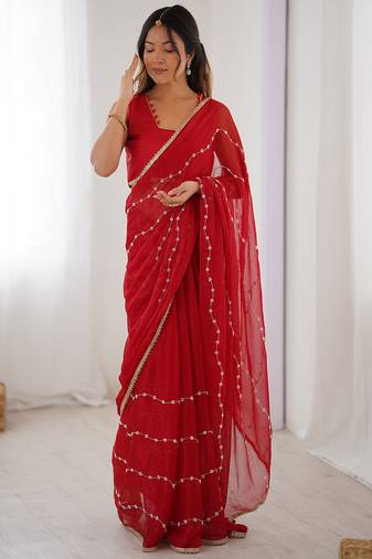 Red chiffon lace work party wear saree