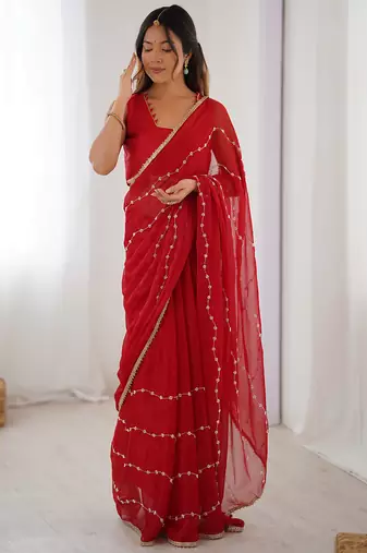 Red chiffon lace work party wear saree