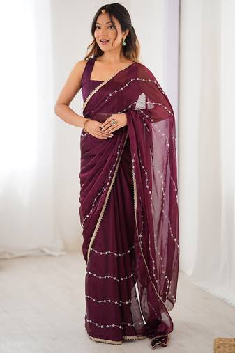 Wine chiffon lace work party wear saree