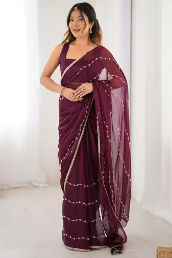 Wine chiffon lace work party wear saree