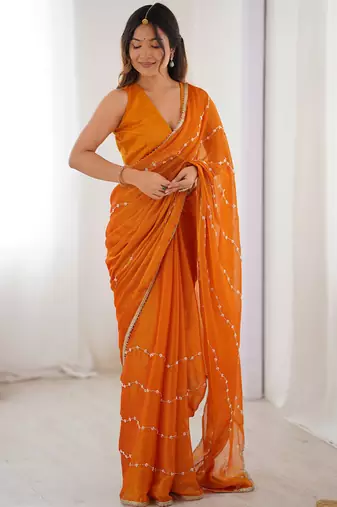 Orange chiffon lace work party wear saree