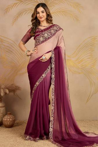 Chiffon Embroidery work Ombre Style Saree with Unstitched Blouse Piece