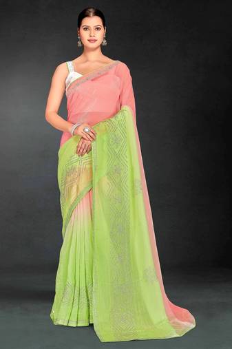 Peach & parrot green color hot fix siroski work crunchy pedding silk blend saree with banglori silk blouse