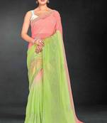 Peach & parrot green color hot fix siroski work crunchy pedding silk blend saree with banglori silk blouse