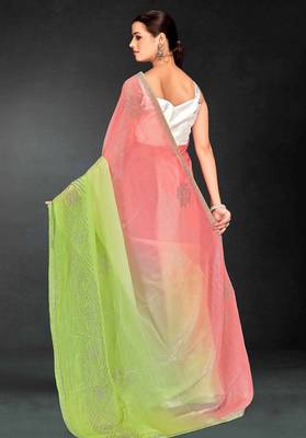 Peach & parrot green hot fix siroski work crunchy pedding silk blend saree with banglori silk blend blouse 3