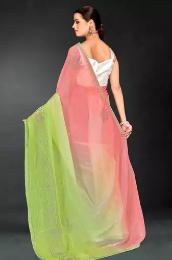 Peach & parrot green hot fix siroski work crunchy pedding silk blend saree with banglori silk blend blouse
