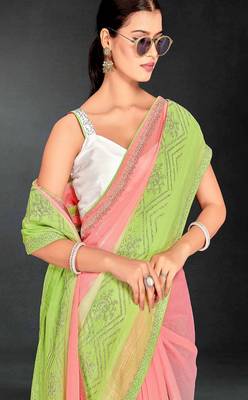 Peach & parrot green hot fix siroski work crunchy pedding silk blend saree with banglori silk blend blouse 5
