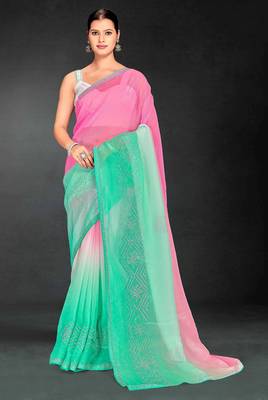 Pink & sea green color hot fix siroski work crunchy pedding silk blend saree with banglori silk blend blouse 1