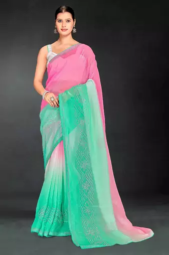 Pink & sea green color hot fix siroski work crunchy pedding silk blend saree with banglori silk blouse