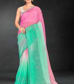 Pink & sea green color hot fix siroski work crunchy pedding silk blend saree with banglori silk blouse