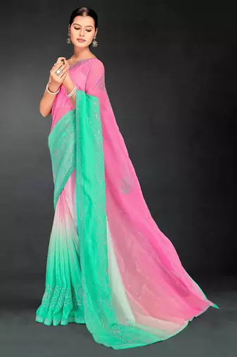 Pink & sea green color hot fix siroski work crunchy pedding silk blend saree with banglori silk blend blouse