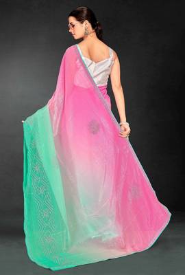 Pink & sea green color hot fix siroski work crunchy pedding silk blend saree with banglori silk blend blouse 3